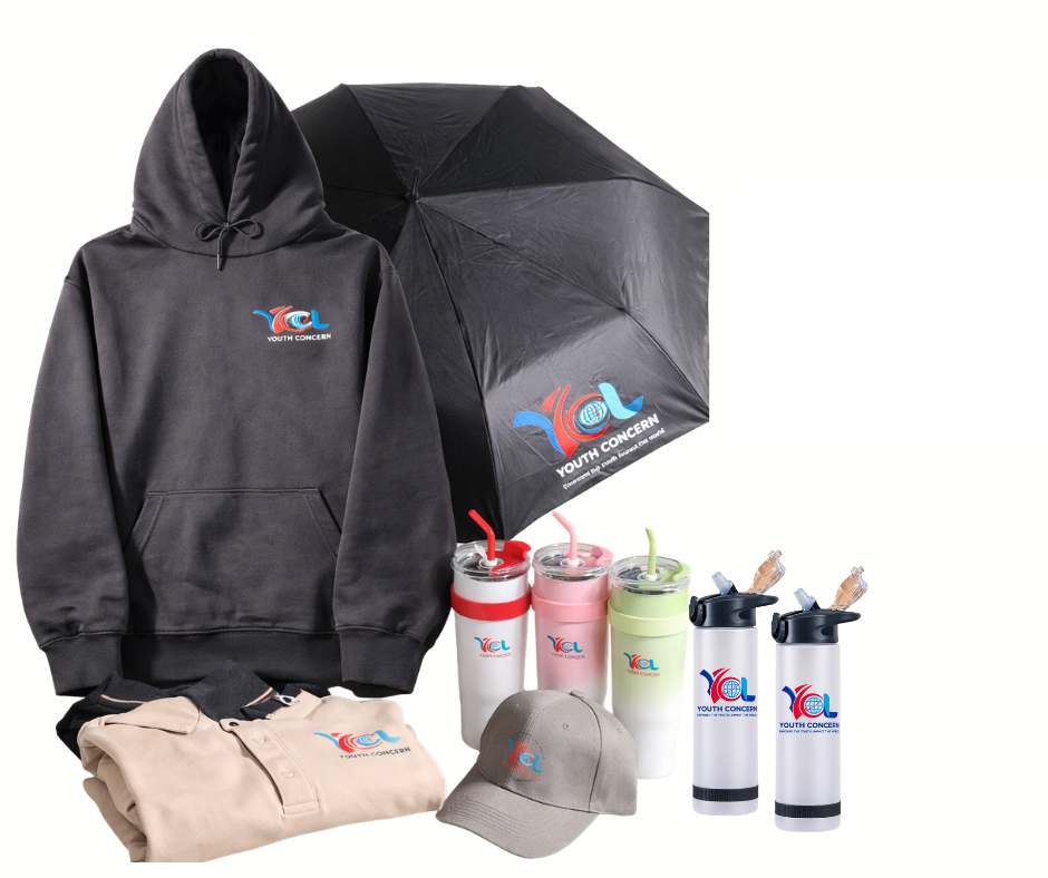 Youth Concern hoodie, umbrella, tumblers, cap, polo shirts and water bottles